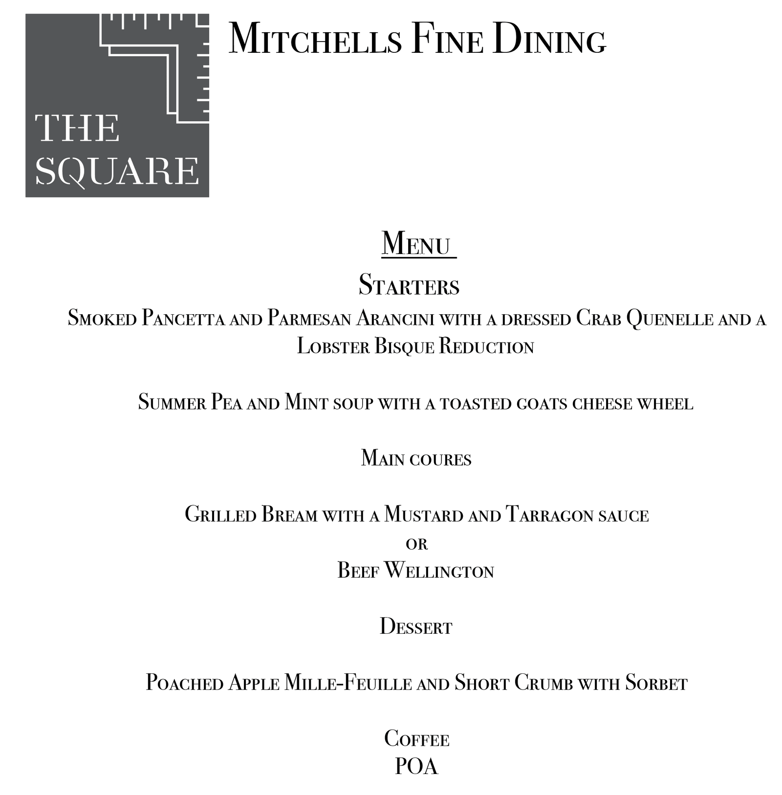 Fine Dining Sample Menu The Square at Upminster